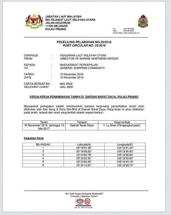 PORT CIRCULAR NO. 25/2016, Maritime Department Malaysia
