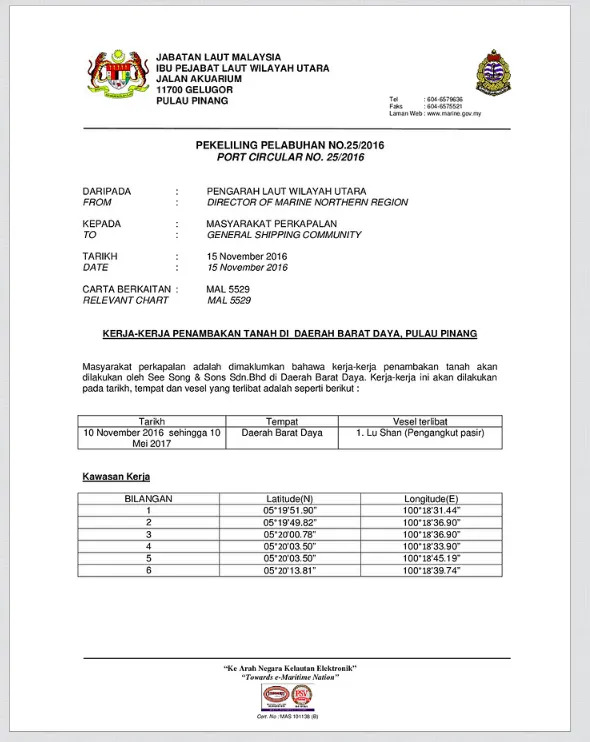 PORT CIRCULAR NO. 25/2016, Maritime Department Malaysia