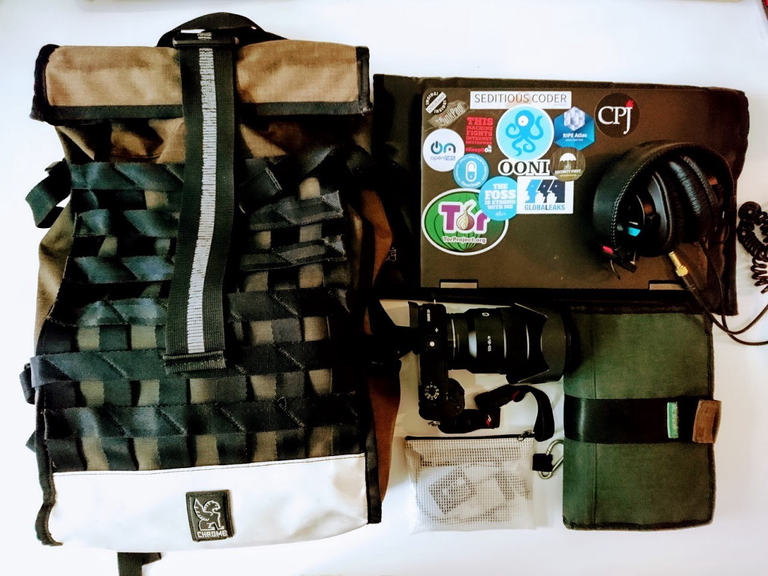 Backpack, camera, laptop and assorted gear