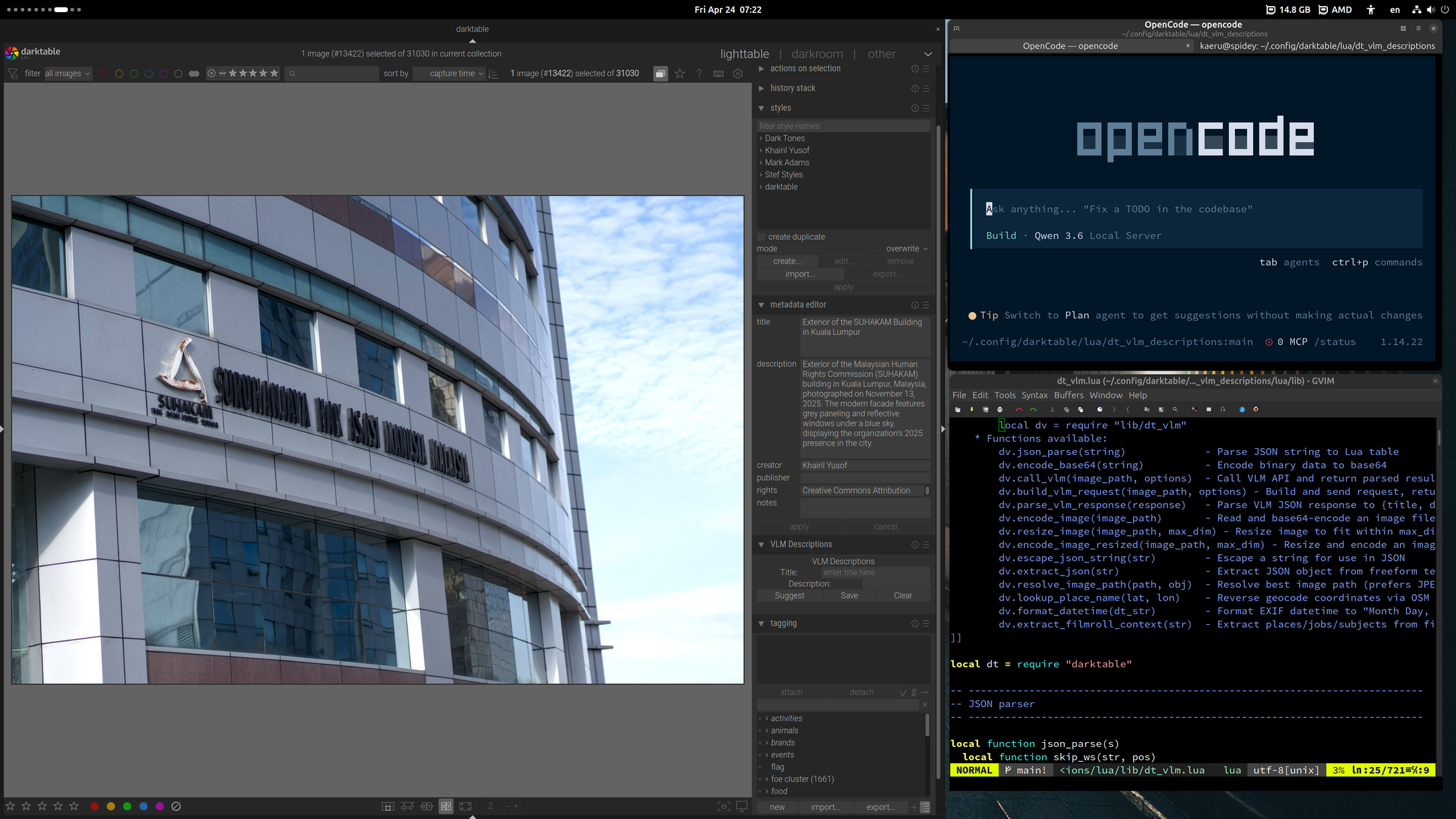 Screenshot of desktop of Darktable, OpenCode and Vim editor