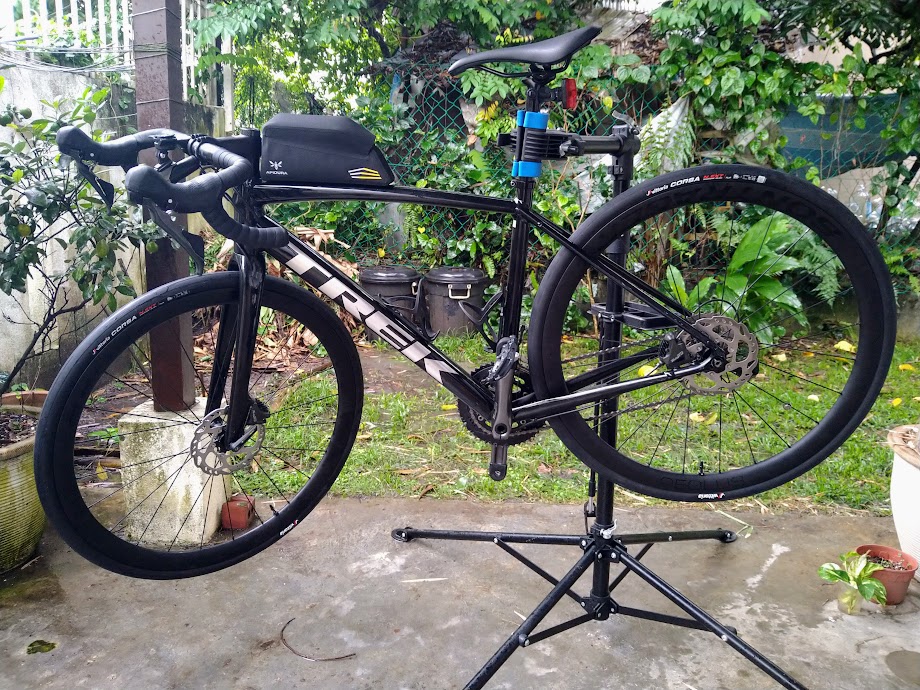 Bicycle on bicycle maintenance stand