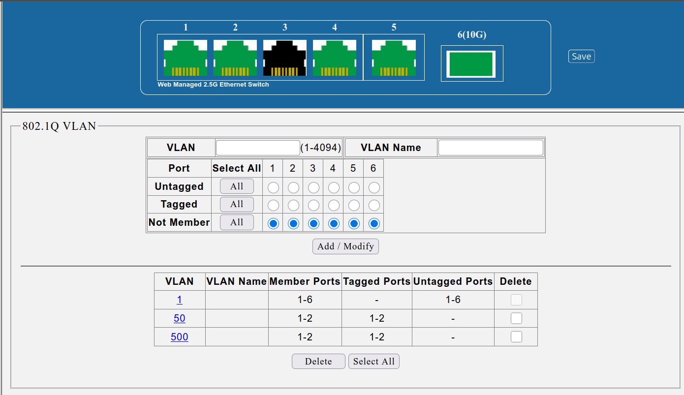 DMS-F106TS VLAN settings