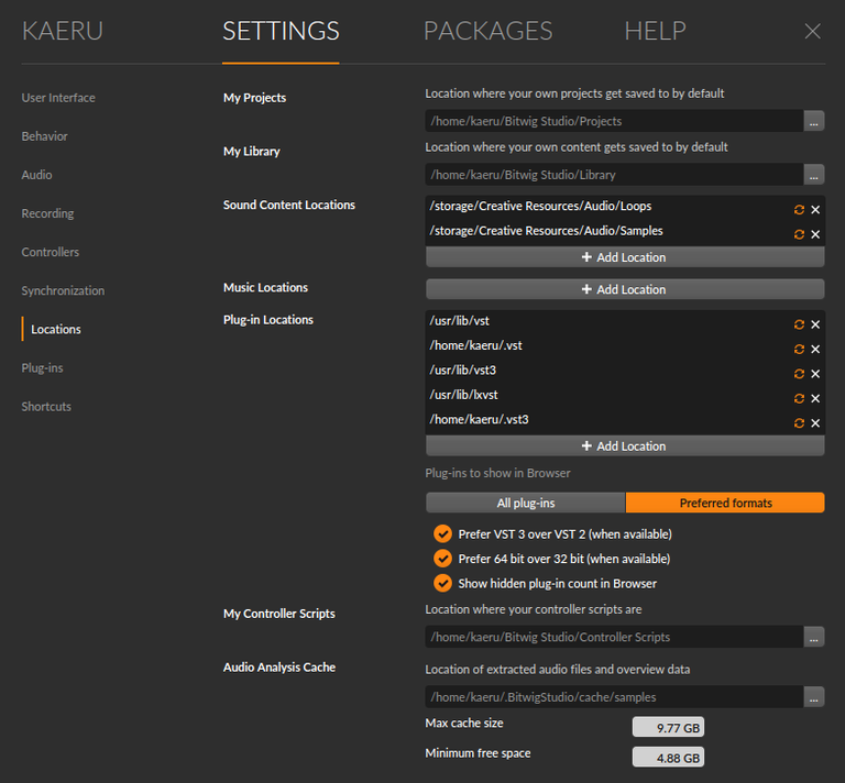 Bitwig Plugin Location Setting